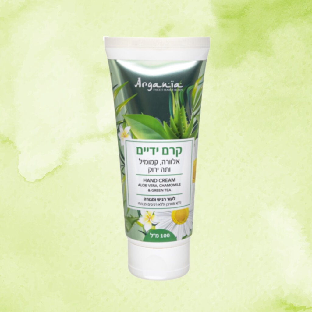 קרם ידיים אלוורה, קמומיל ותה ירוק לעור רגיש ומגורה | Argania ארגניה | 100 מ”ל